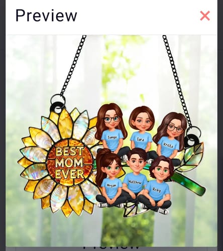 Customer's preview of a personalized sunflower suncatcher showing six figures with names on blue shirts.