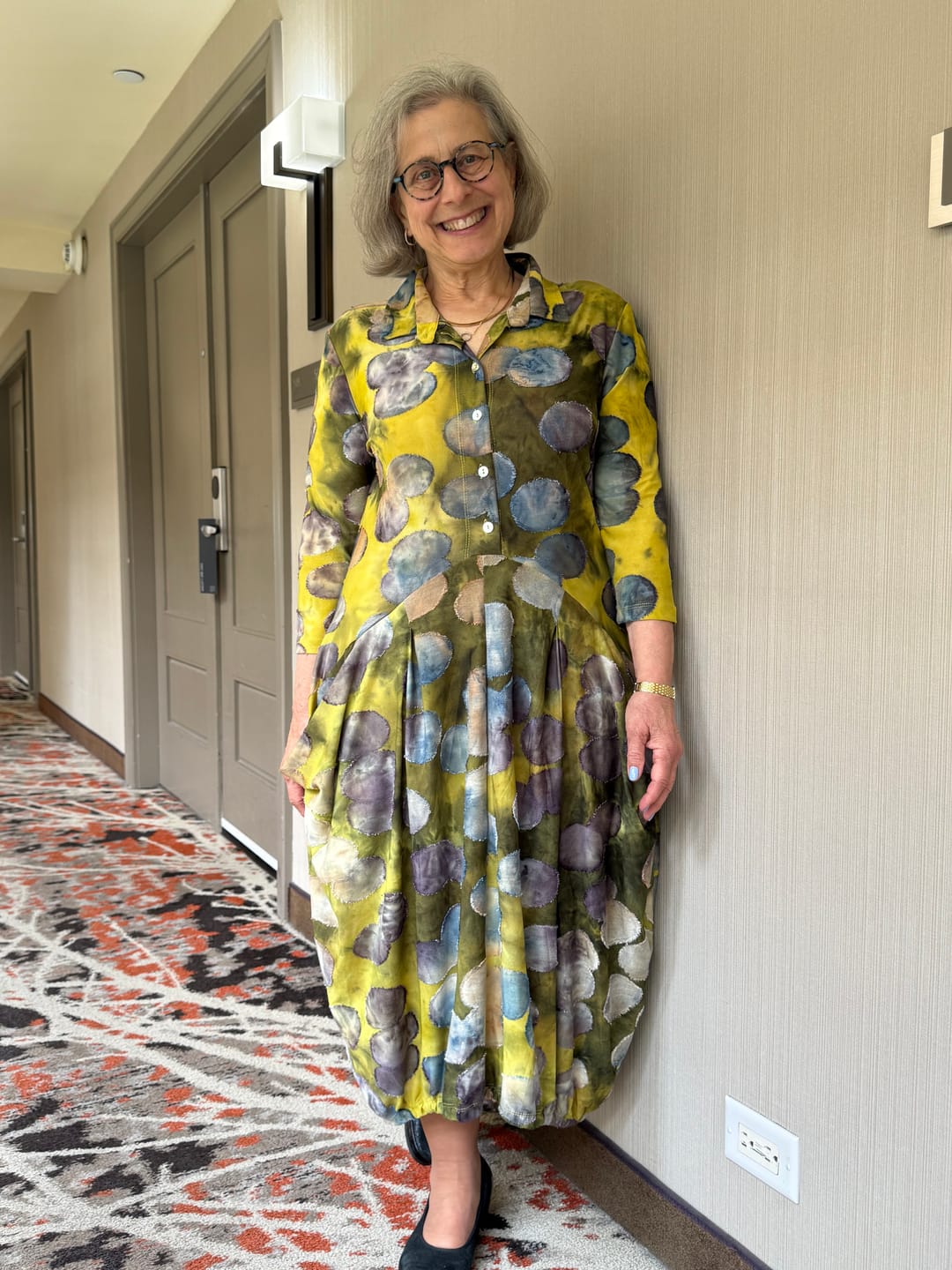 Customer photo review of Meadowlark Draped Pockets Dress, Gold/Ocean Dots