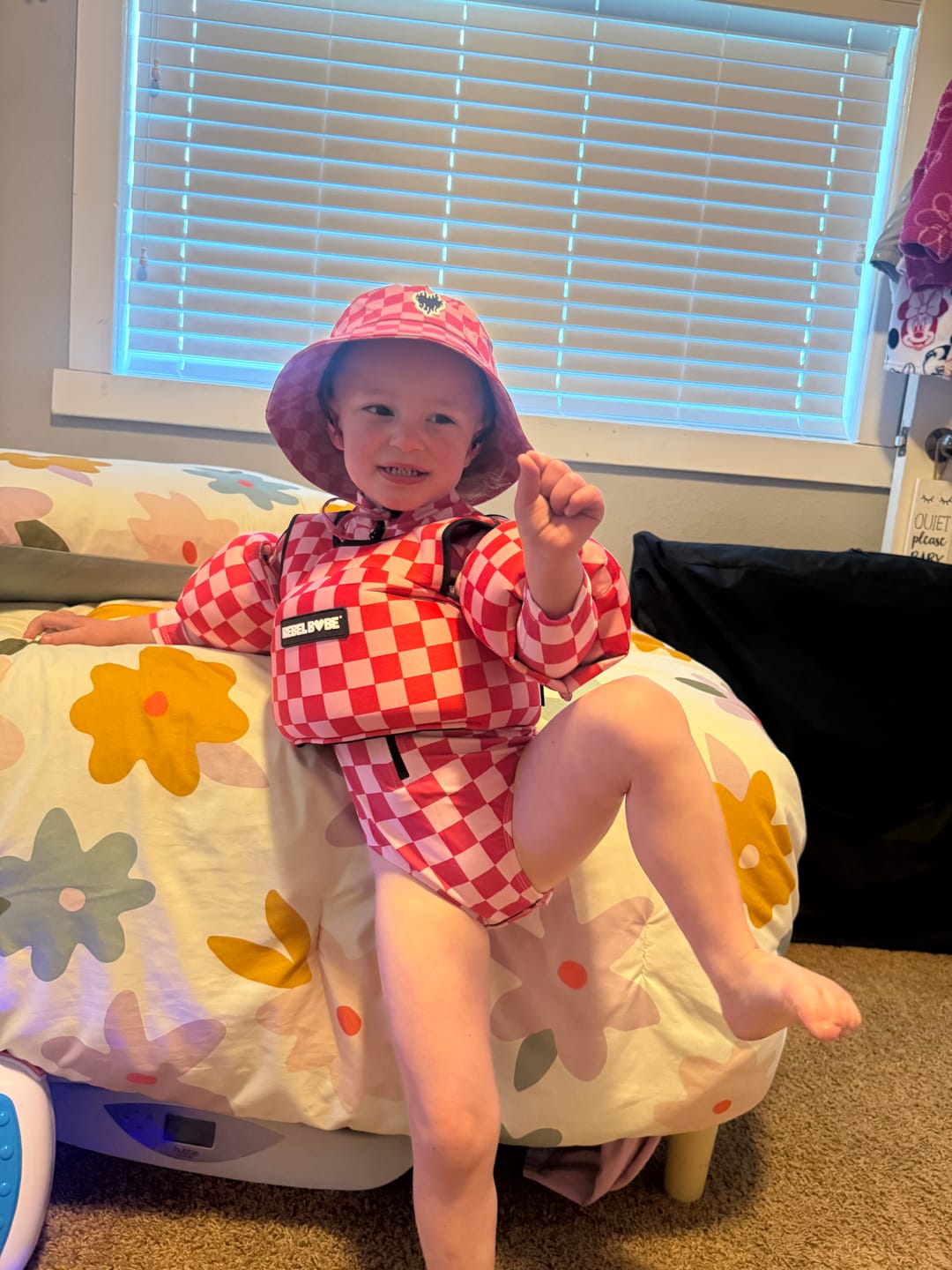 Customer photo review of UPF50+ Girls One Piece Swimsuit in Bubble Gum Checkered
