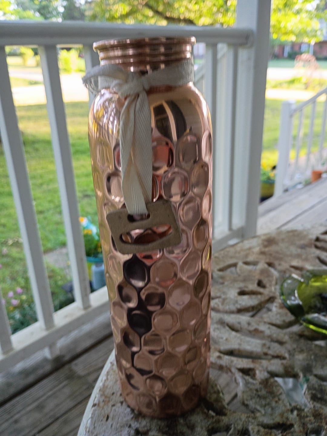 Customer photo review of Special Edition Diamond-Cut Honeycomb Copper Water Bottle | Textured Anti-Slip Grip
