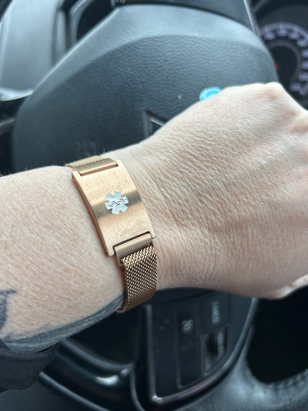 Customer photo review of Roxie Medical Alert Bracelet with Magnetic Closure – Rose Gold
