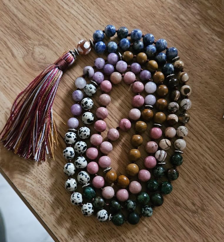 Customer photo review of Natural Kunzite, Jasper, Sodalite, African Turquoise & Rhodonite 108 Beads Mala