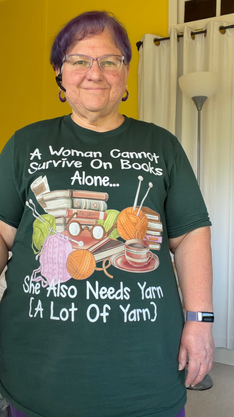 Customer photo review of Books & Yarn Lover T-shirt