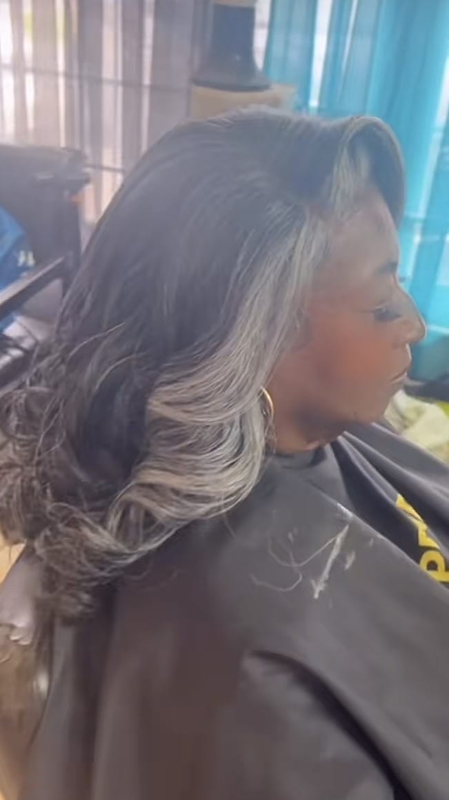 Customer photo review of Luvwin  Salt And Pepper Kinky Wave More Pepper With Salt  Glueless Wig For Mature Women