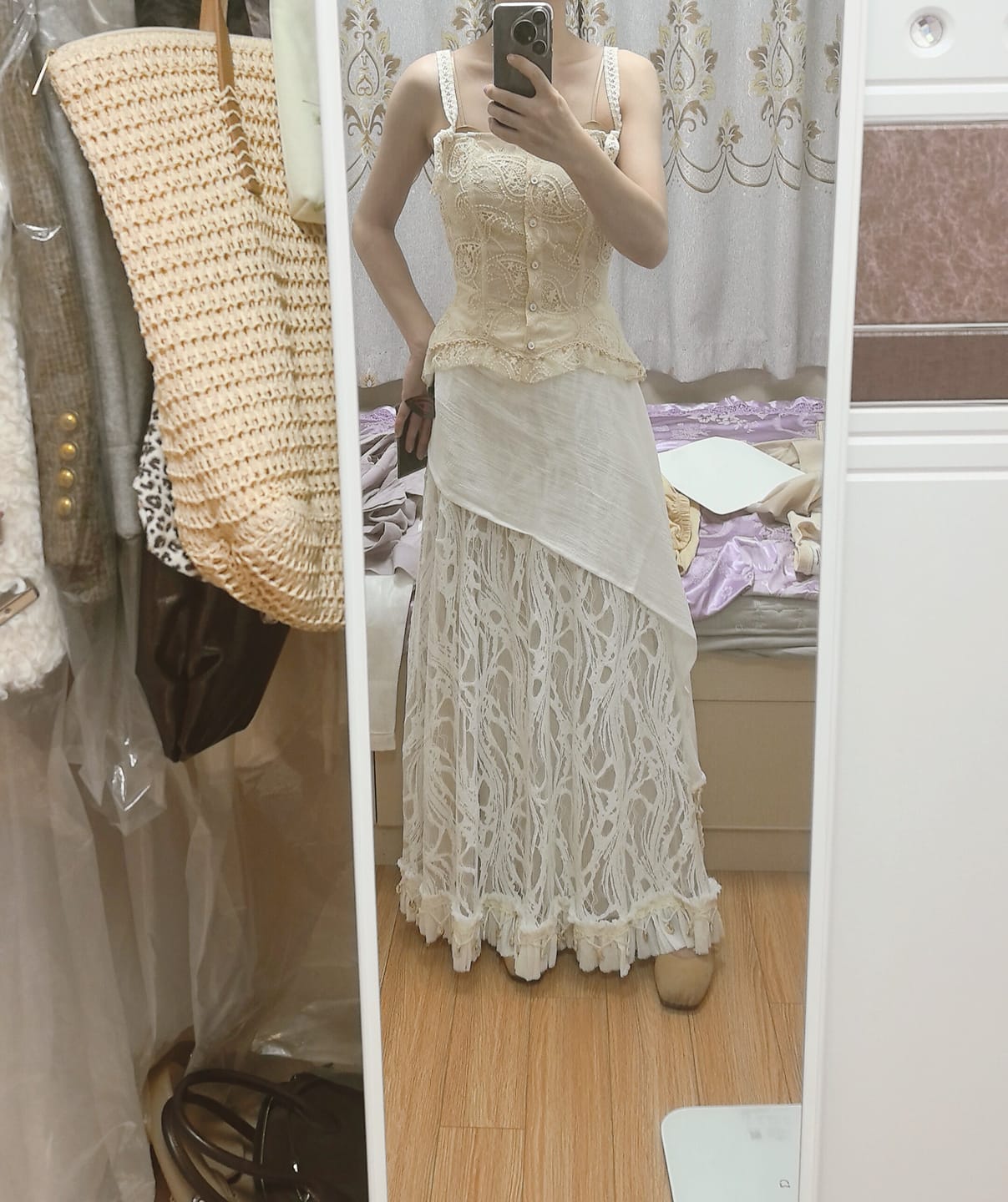 Customer photo review of DOINDULGE Antique Lace Corset Camisole Raw Edge Asymmetric Hem Top