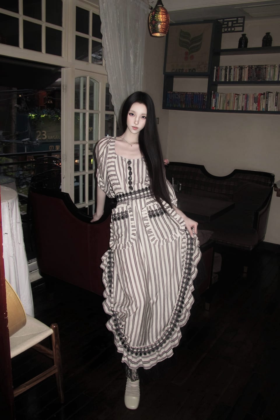 Customer photo review of DOINDULGE Striped Square-Neck Fitted Waist Dress with Lace Trim