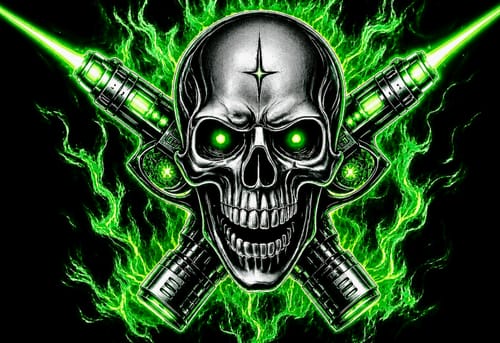 Customer's custom sticker design of a metallic skull with glowing green eyes and crossed futuristic guns.