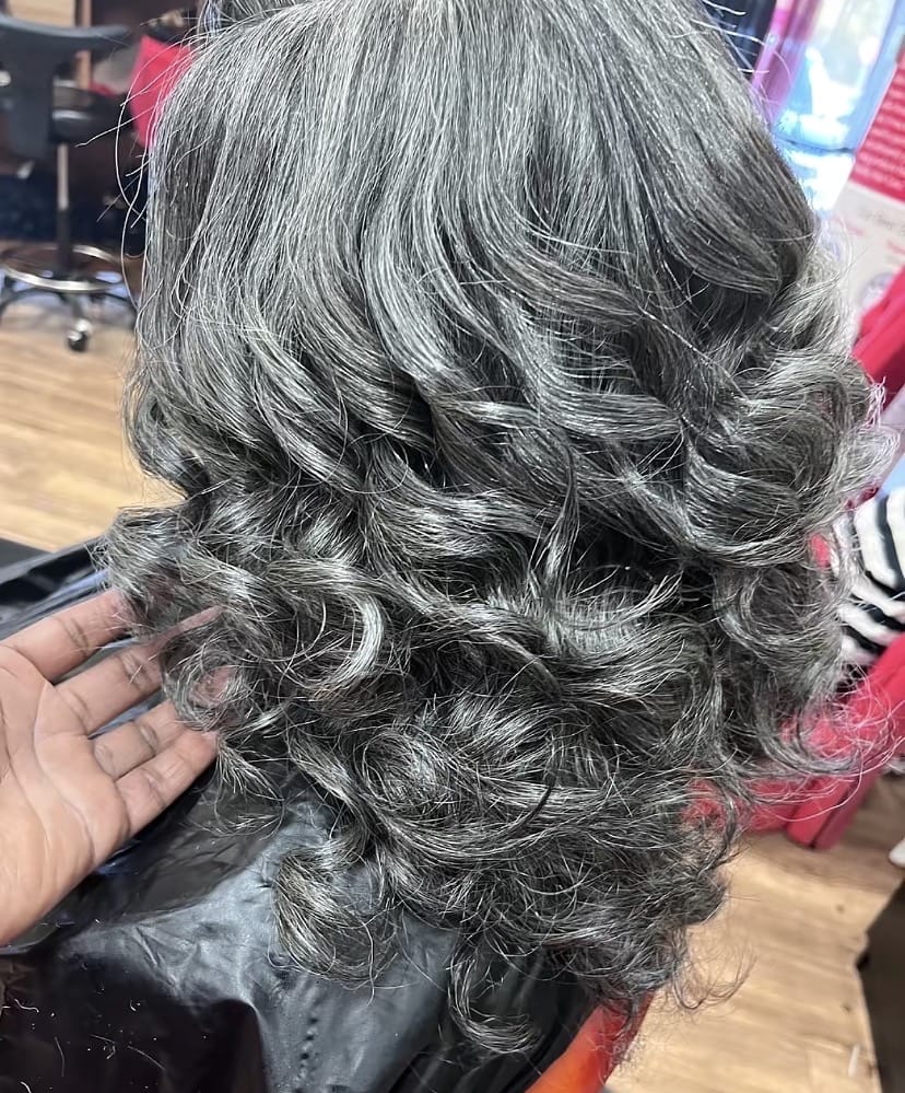 Customer photo review of Luvwin Salt & Pepper Layered Blowout Wave Beginner Friendly Glueless  Gray Wig 100% Human Hair