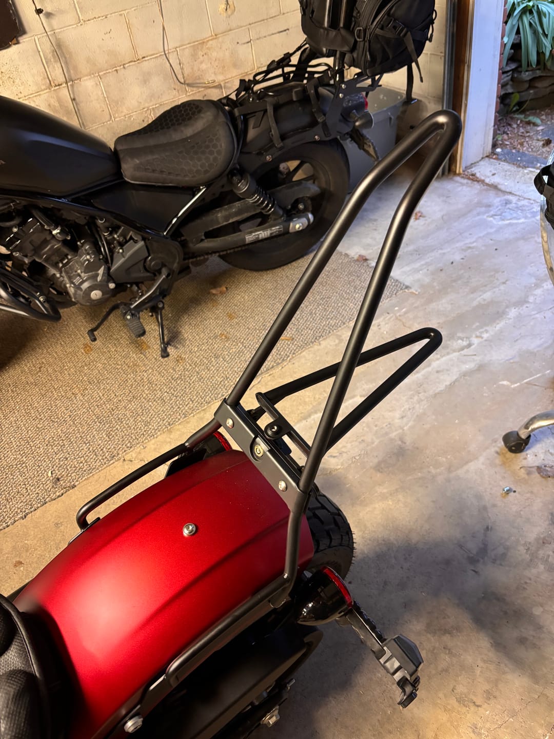 Customer photo review of Iron Born Blade 25" Sissy Bar with Foldable Luggage Rack for 2025+ Indian Scout Bobber Matte Black