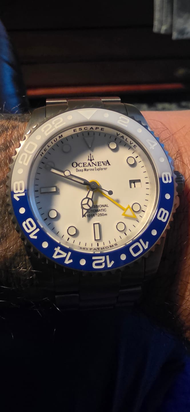 Customer photo review of Oceaneva Men's GMT TITANIUM Automatic Deep Marine Explorer 1250M White & Blue Ceramic Bezel Watch