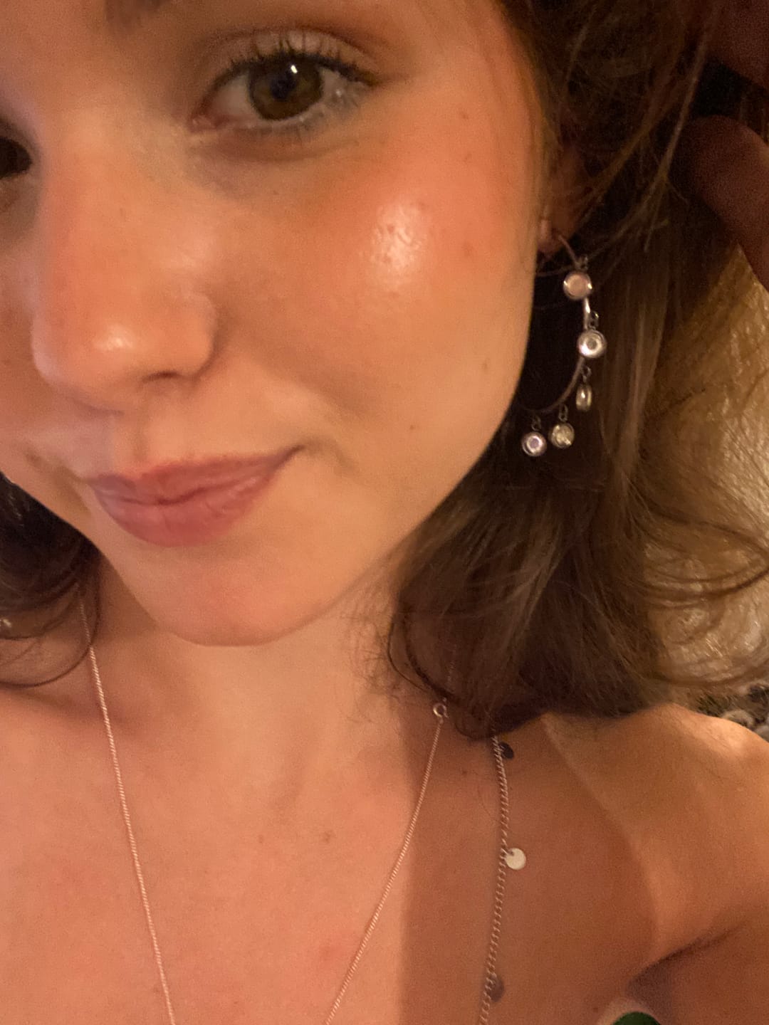 Customer photo review of Faiza Droplet Statement Hoops Crystal  & Silver