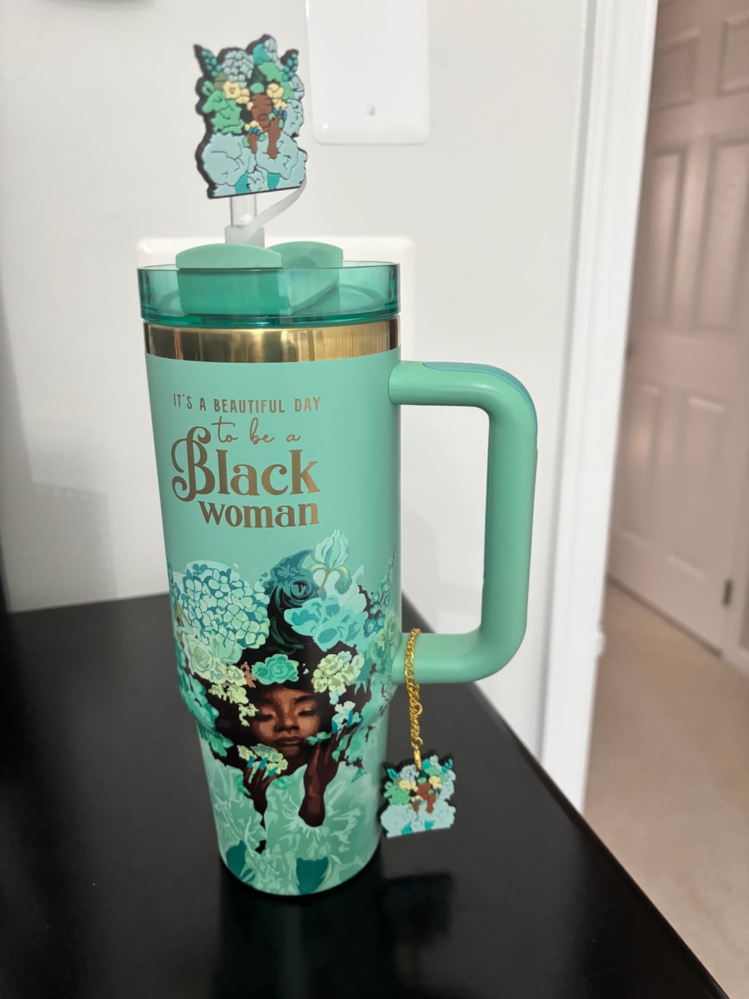 Customer photo review of Tiffany Blue “Royalty Blossomed”  Insulated Tumbler – "It’s a Beautiful Day to be a Black Woman"