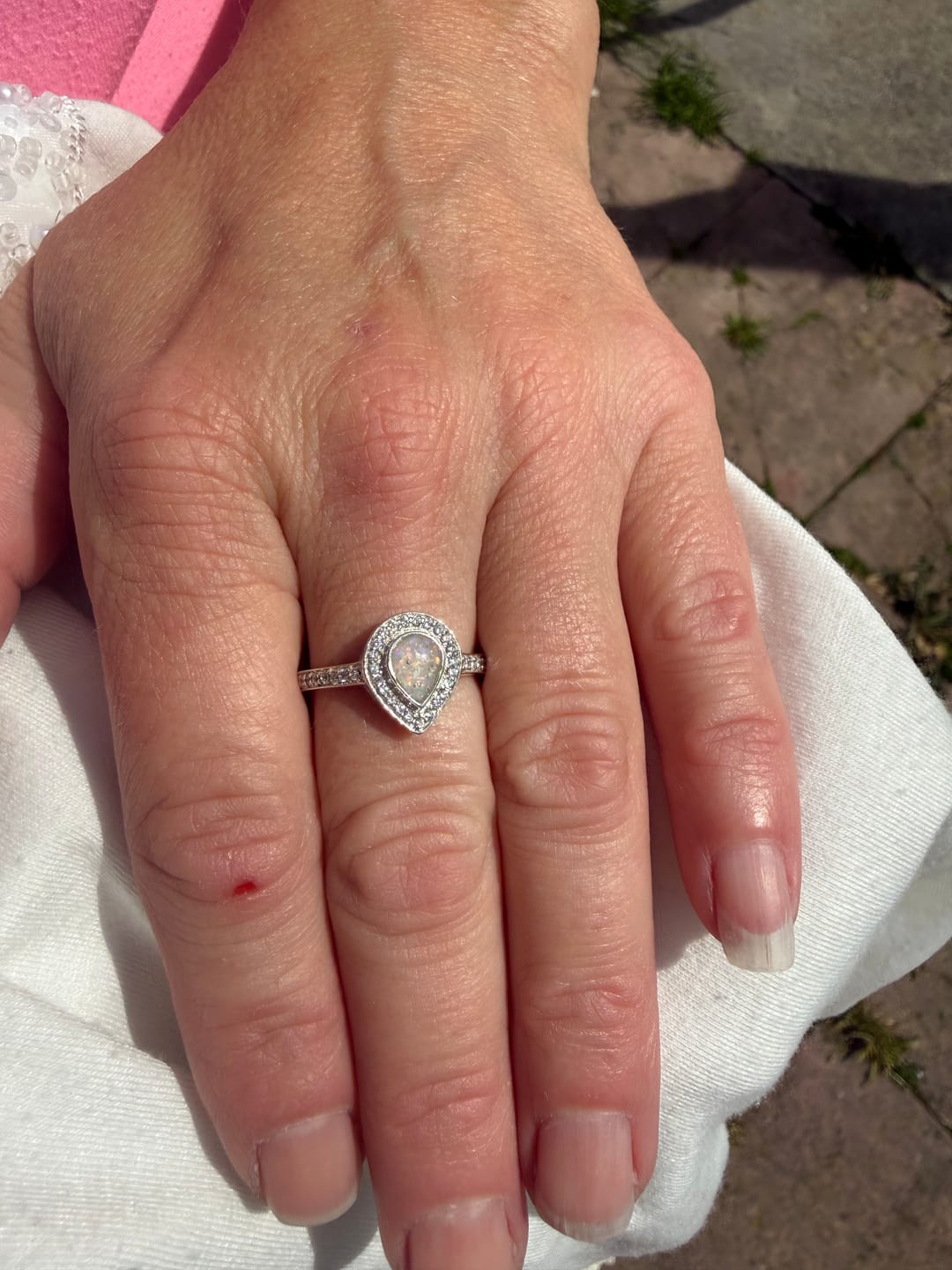 Customer photo review of Droplet Halo Full Cubic Zirconia Keepsake Ring