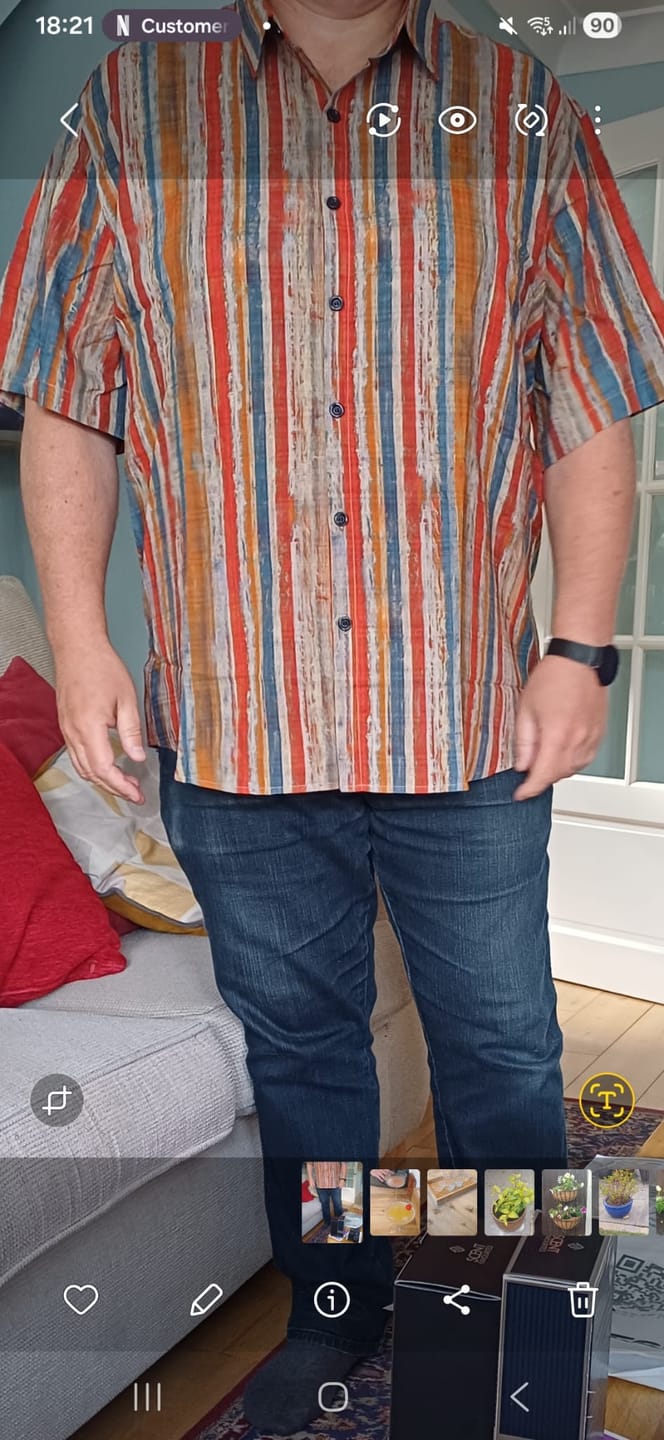 Customer photo review of Men's Casual Retro Multicolor Striped Holiday Button Up Short Sleeve Shirt