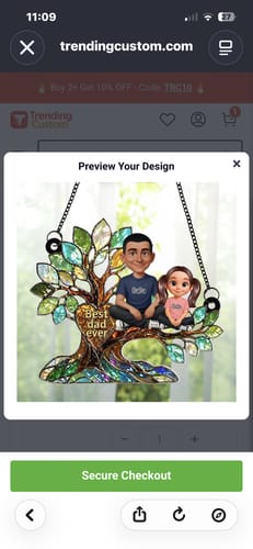 A screenshot showing the 'Preview Your Design' screen for a personalized tree-themed suncatcher on the website.