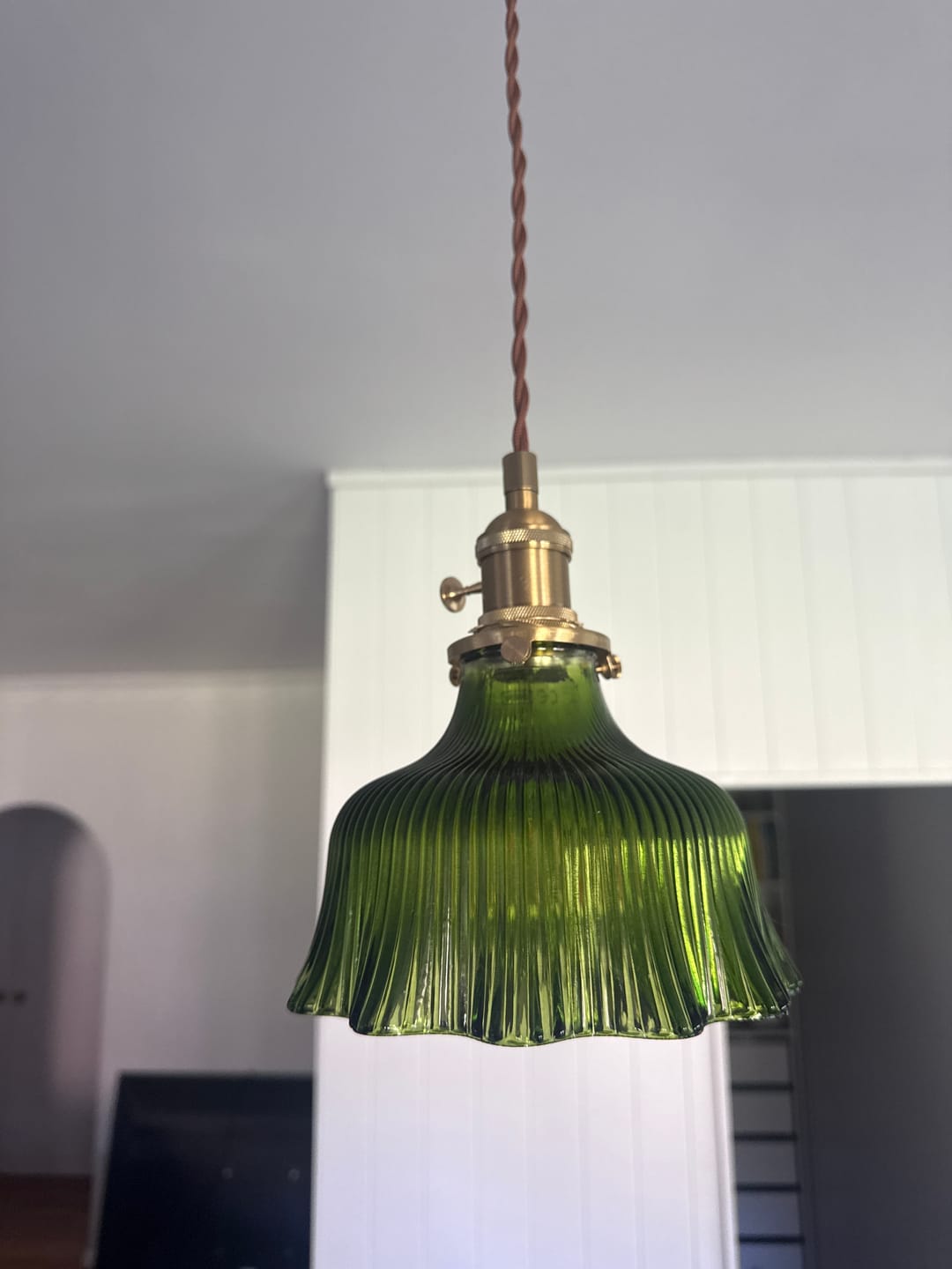 Customer photo review of Vintage Minimalist 1-Light Strip Patterned Glass Flower Dome Pendant Light