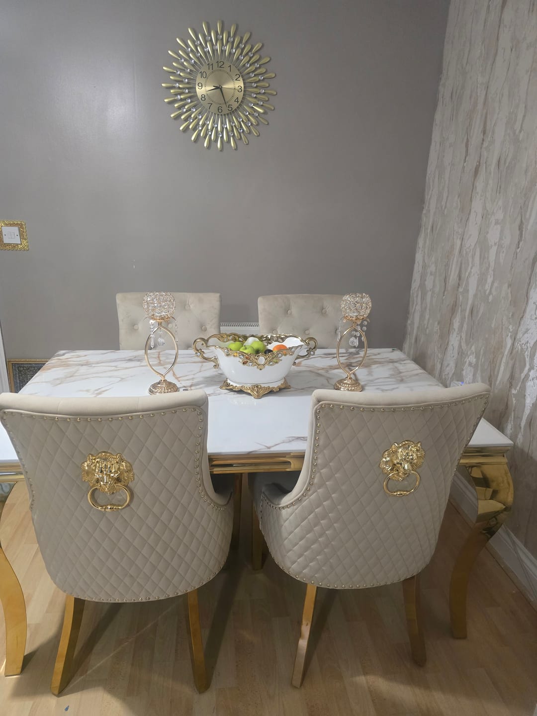 Customer photo review of Vienna White & Gold Marble Dining Table With Bentley Gold Chairs