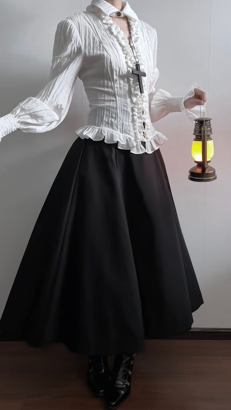 Customer photo review of DOINDULGE Ruffled Structured Gothic Shirt