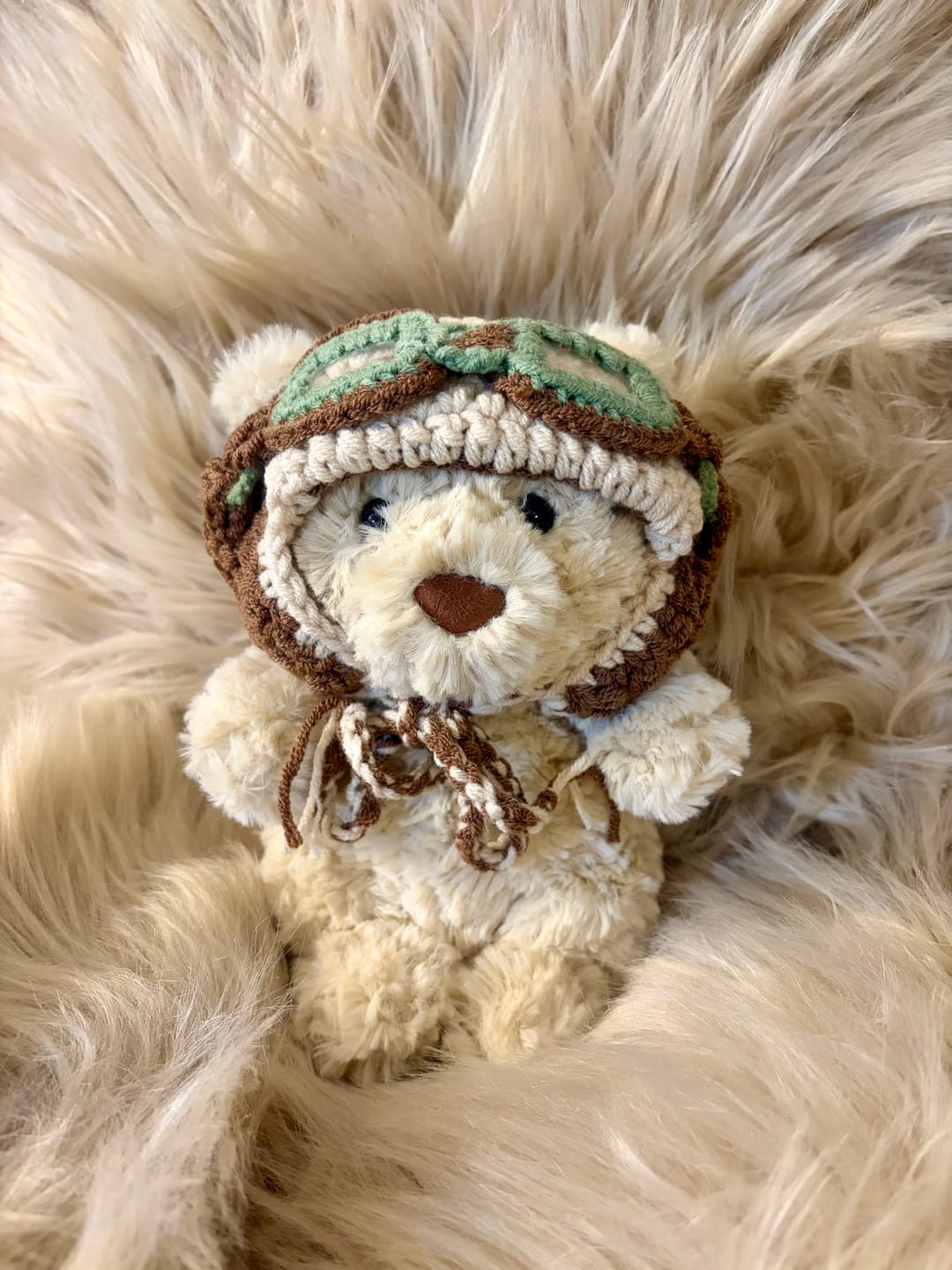 Customer photo review of Green Vintage Pilot Bonnet with Goggles | Handmade Crochet Aviator Hat for Jellycat Bart Junior Bear