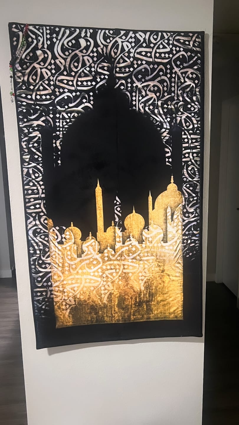 Customer photo review of Dark Arabic Calligraphy  Padded Prayer Mat