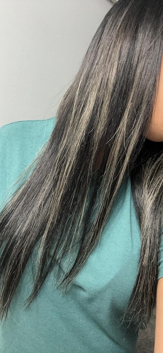 Customer photo review of Virgin Flat Silk Weft Hair Extensions Silver Highlights #1B/S/1B