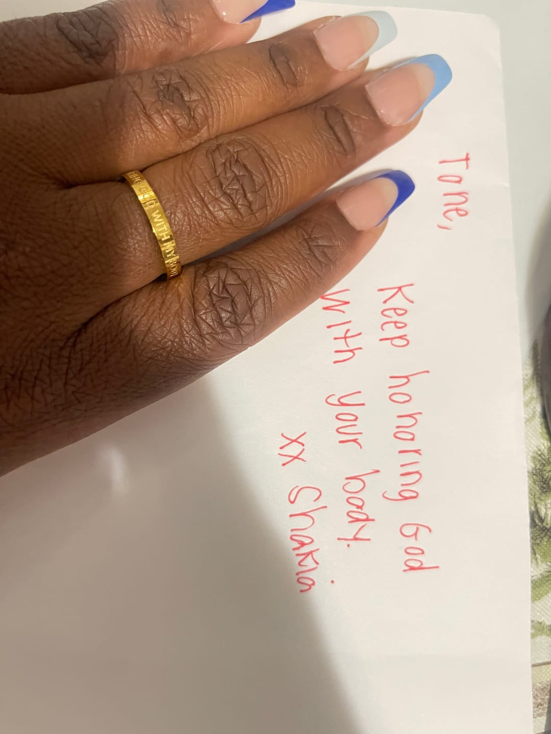 Customer photo review of HONORING GOD WITH MY BODY RING