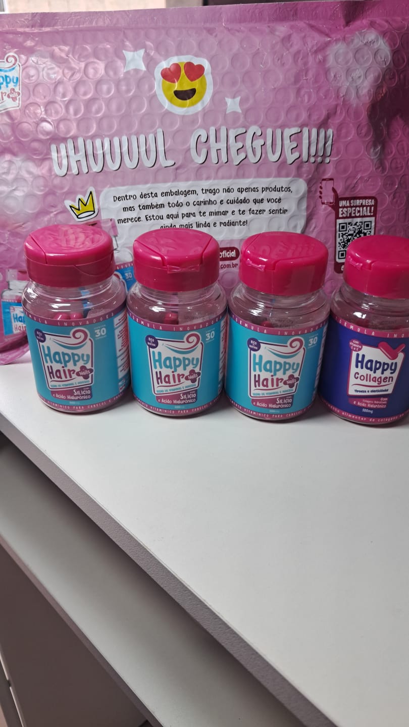 Customer photo review of Happy Hair 3 Potes + 1 Colágeno Grátis