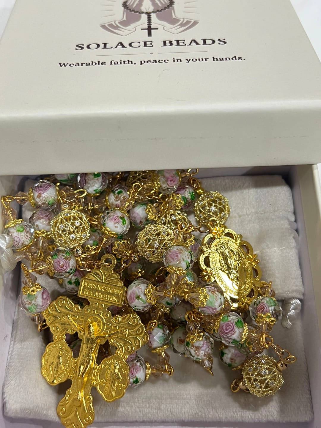 Customer photo review of SolaceBeads White Floral Lampwork Glass Rosary: Grace With Gold Filigree & Miraculous Medal