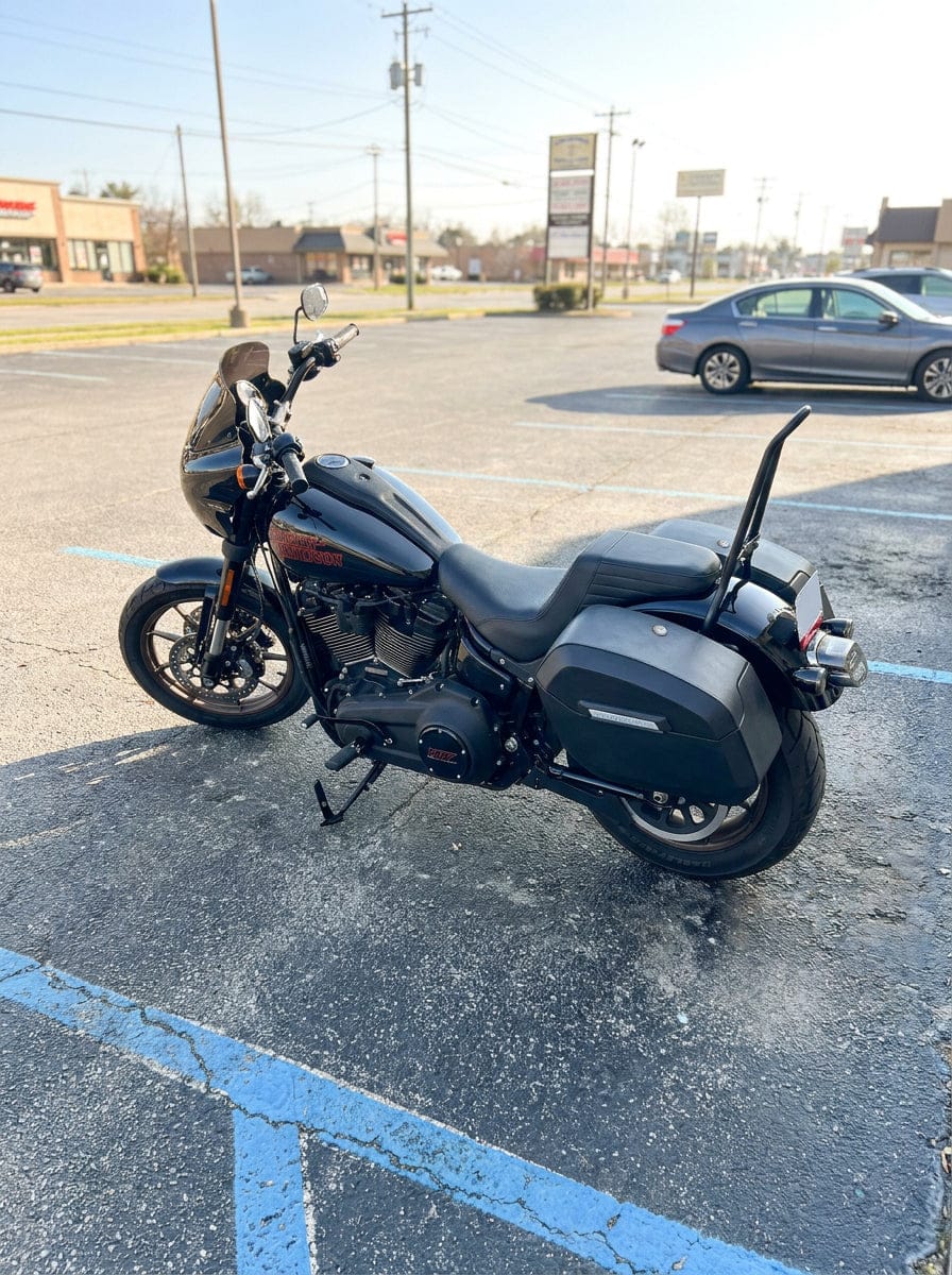 Customer photo review of 32L - Darkin Large Quick Mount Leather Wrap Hard Saddlebags for 2025+ Harley Softail Low Rider S FXLRS