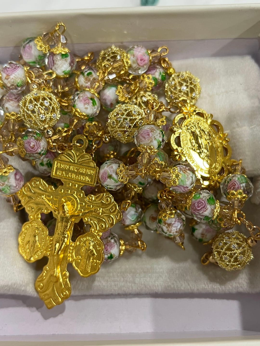 Customer photo review of SolaceBeads White Floral Lampwork Glass Rosary: Grace With Gold Filigree & Miraculous Medal