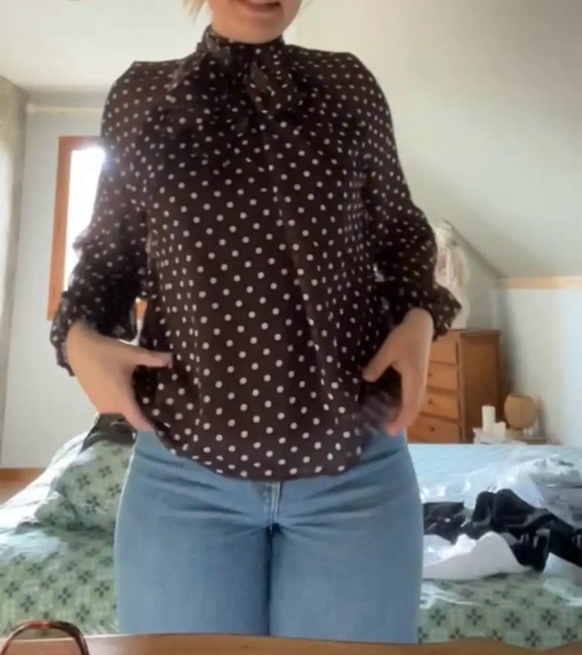 Customer photo review of Sofia High Collar Polka Dot Blouse