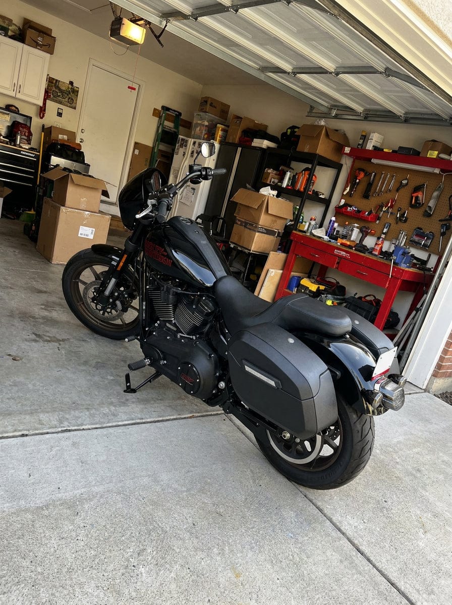 Customer photo review of 32L - Darkin Large Quick Mount Leather Wrap Hard Saddlebags for 2025+ Harley Softail Low Rider S FXLRS