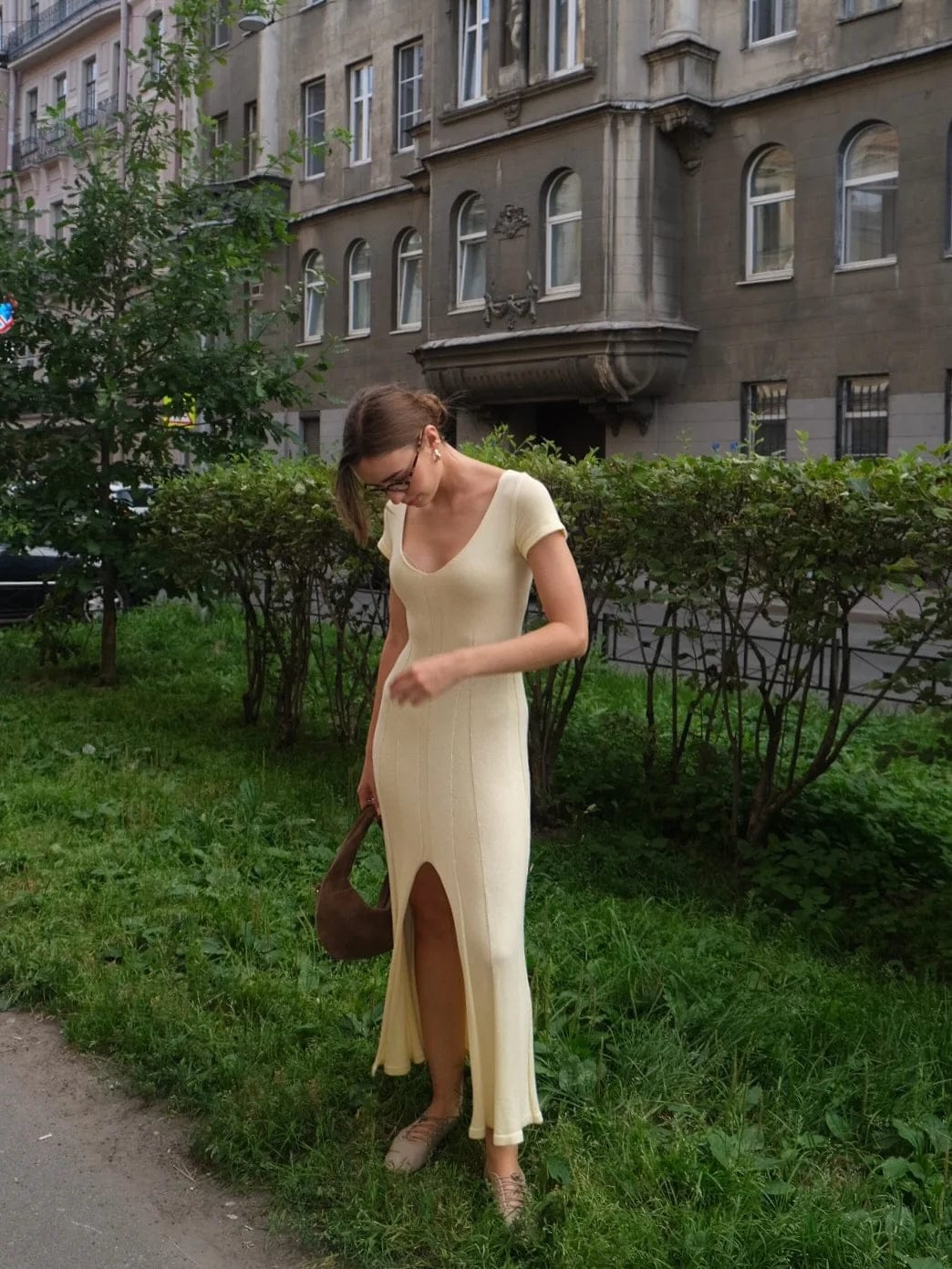 Customer photo review of Suri Ribbed Knit Maxi Dress Deep V-Neck High Slit