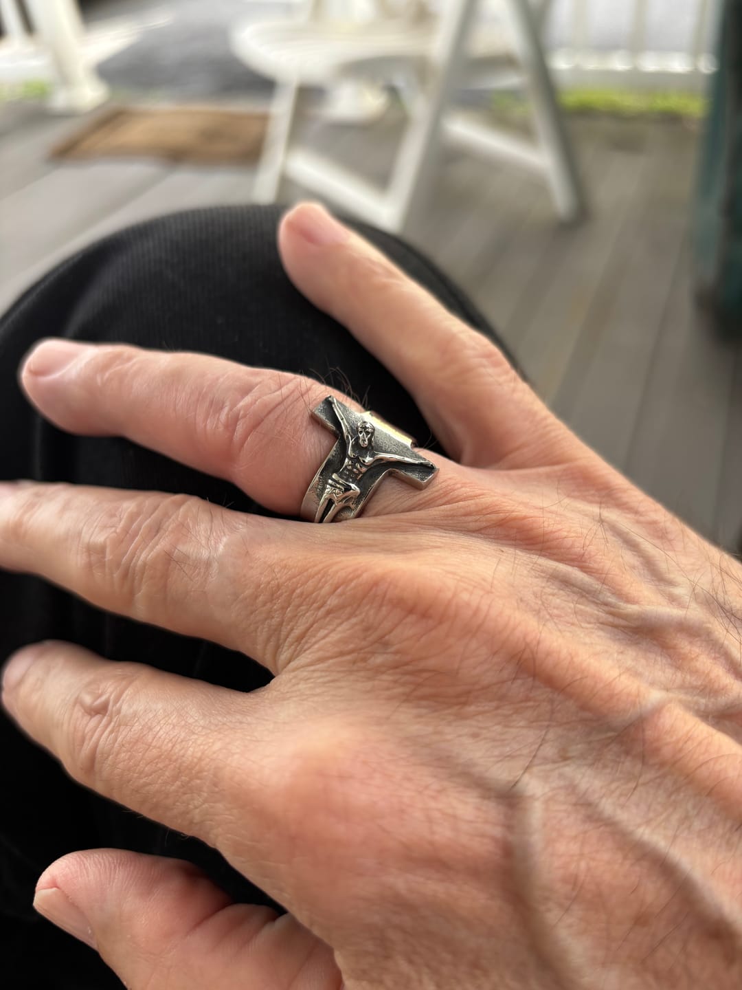 Customer photo review of Vintage Crucifix Relief Stainless Steel Ring: Strength Through Sacred Sacrifice