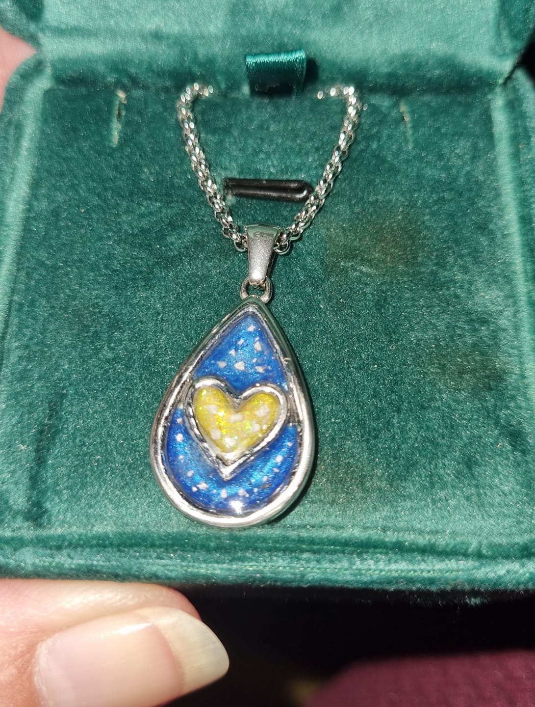 Customer photo review of Stainless Steel Love Heart Droplet Keepsake Pendant