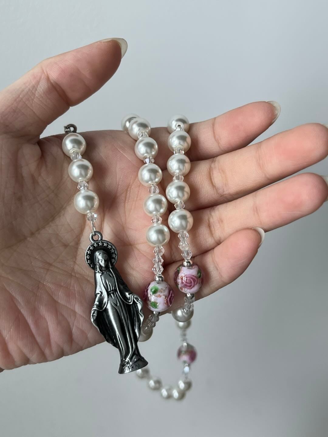 Customer photo review of SolaceBeads Pearl Chaplet With Lampwork Accents & Marian Charm: Devout Spirit