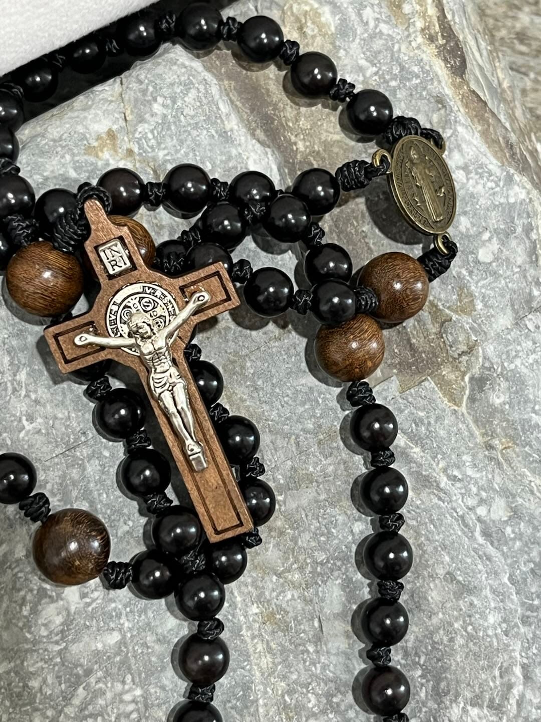 Customer photo review of SolaceBeads Black Sacred Ebony Beads with St. Benedict Centerpiece Rosary