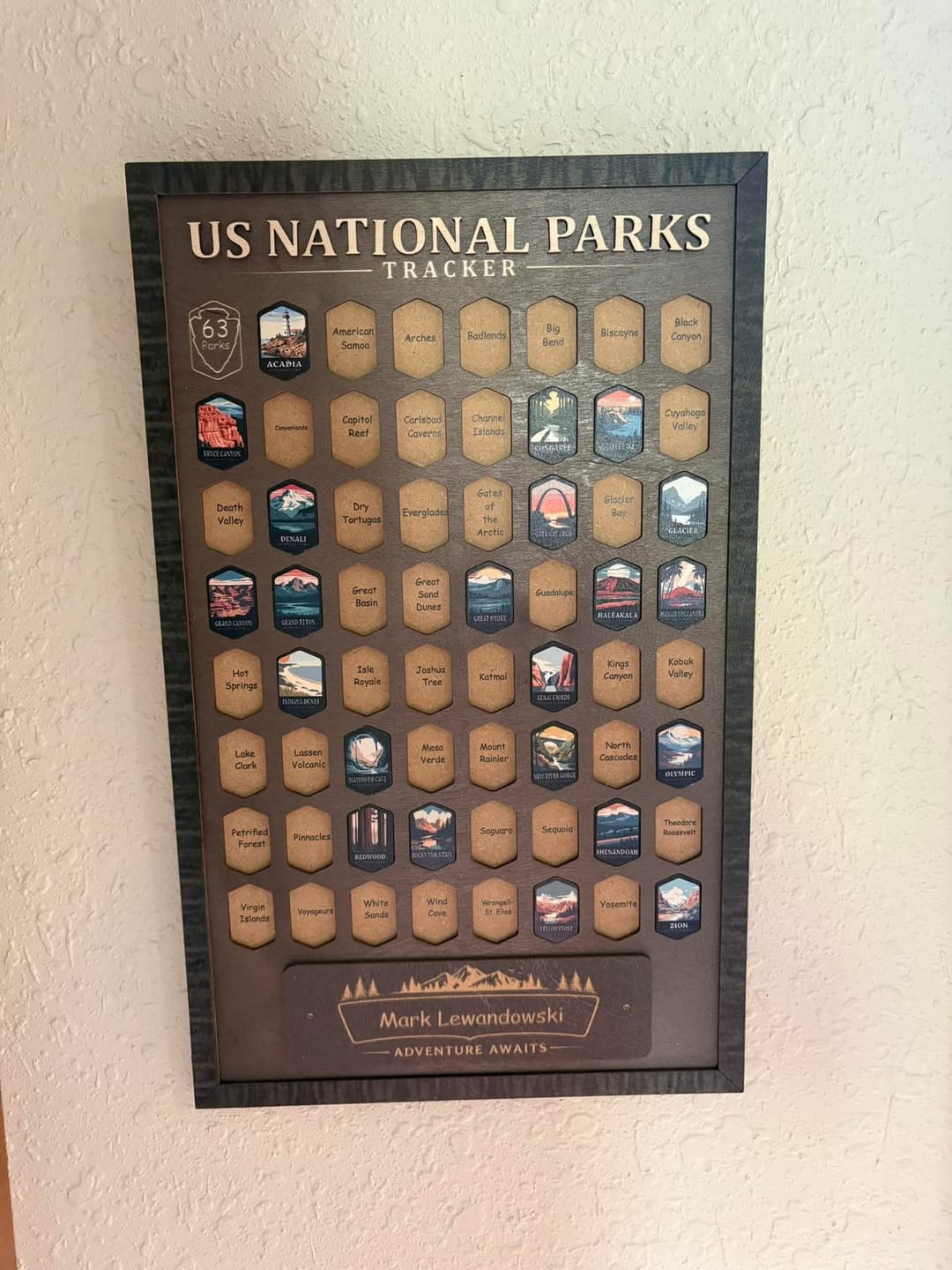 Customer photo review of USA National Parks Travel Tracker - A Handcrafted Wooden Board to Track All 63 National Parks