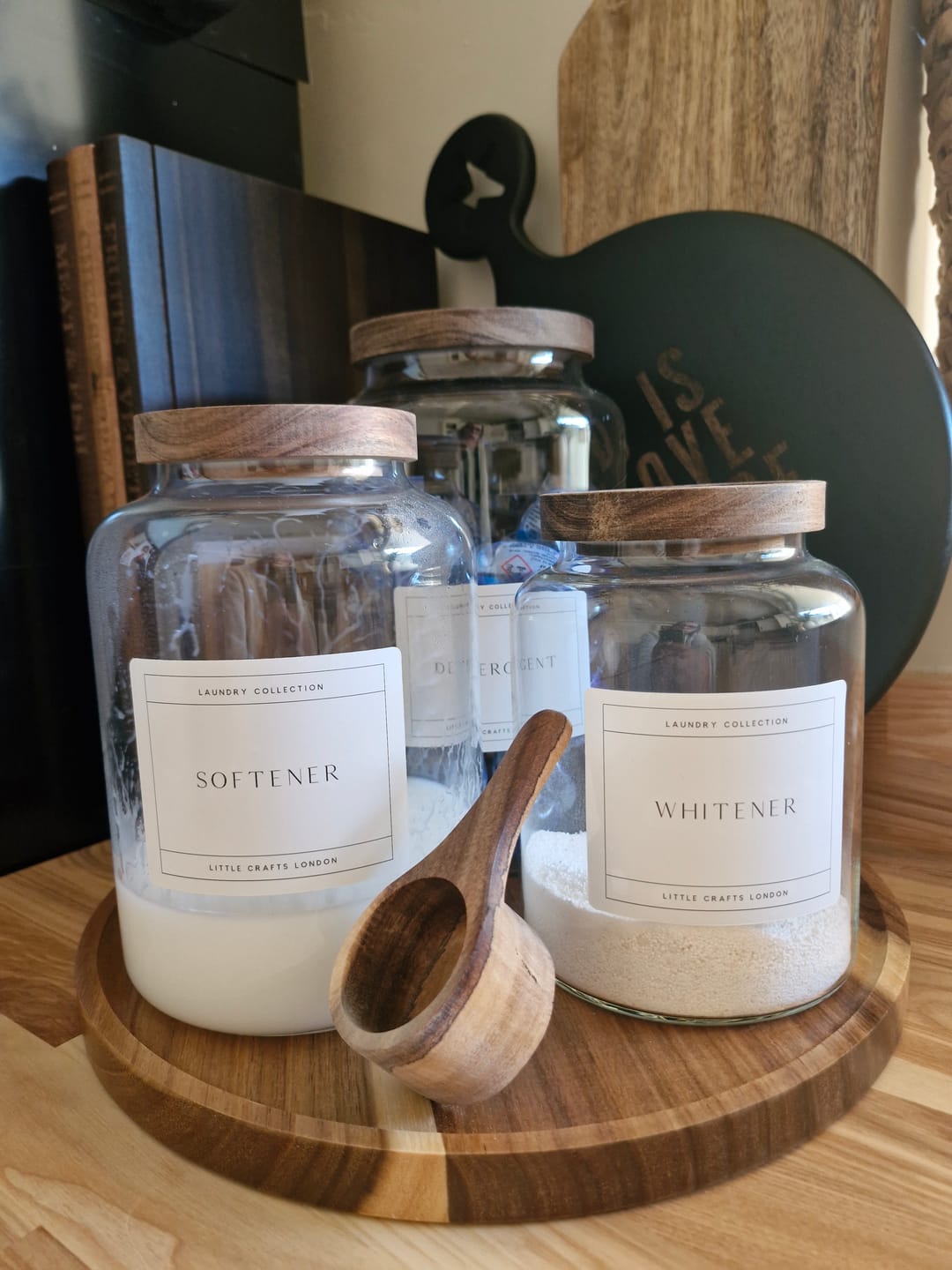 Customer photo review of Set of 3 Acacia Large Laundry Jars & Round Acacia 31.5 CM Diameter Tray