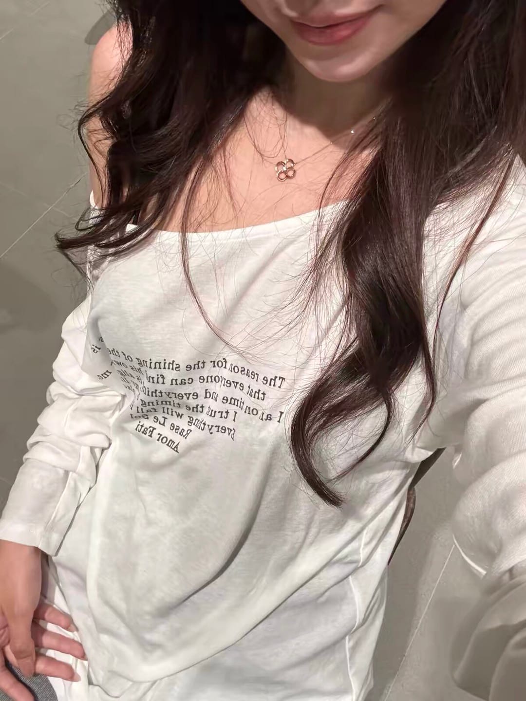 Customer photo review of Rase le sol Semi-Sheer Long Sleeve Tee with Quote Print & Minimal Triangle Bra Set
