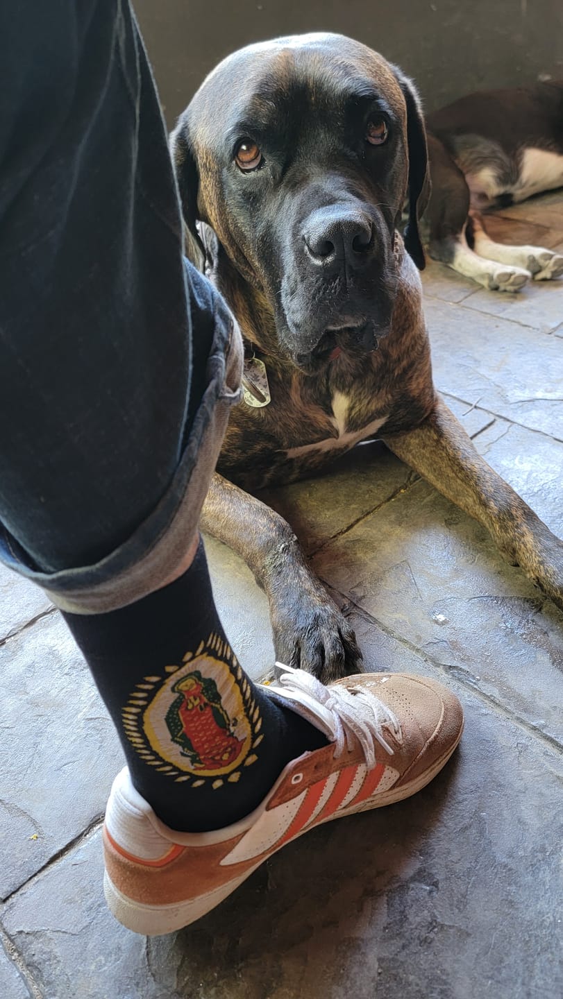 Customer photo review of Christianartworkshop Black Virgin of Guadalupe Religious Unisex Crew Socks: Retro Design, Exclusive Faith Flair