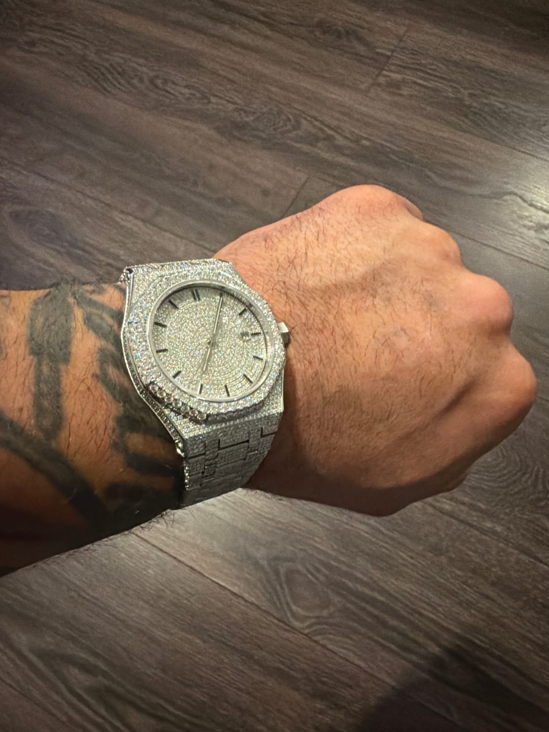 Customer photo review of Bust Down Moissanite Watch | 44MM | 14K White Gold