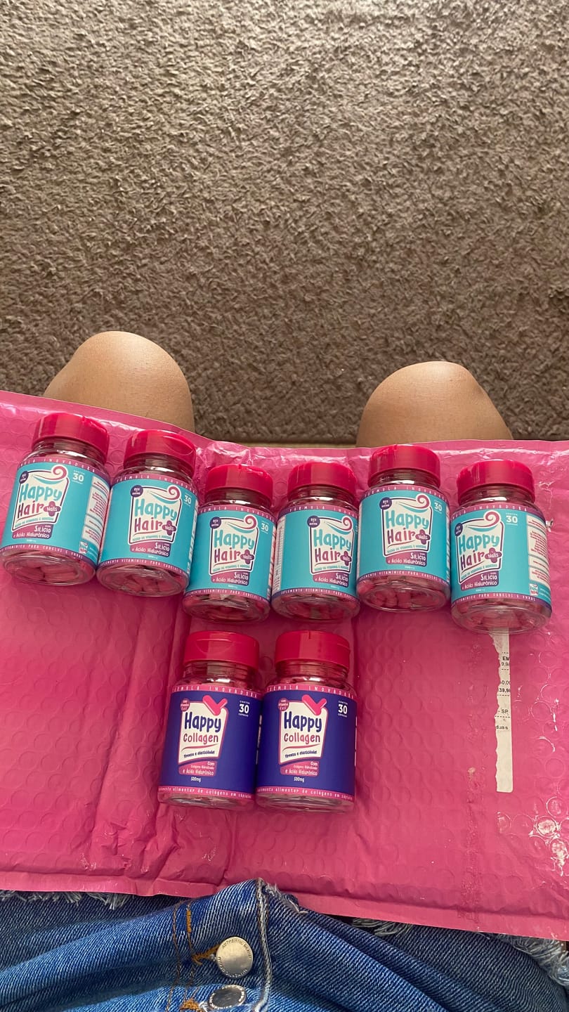 Customer photo review of Happy Hair 3 Potes + 1 Colágeno Grátis