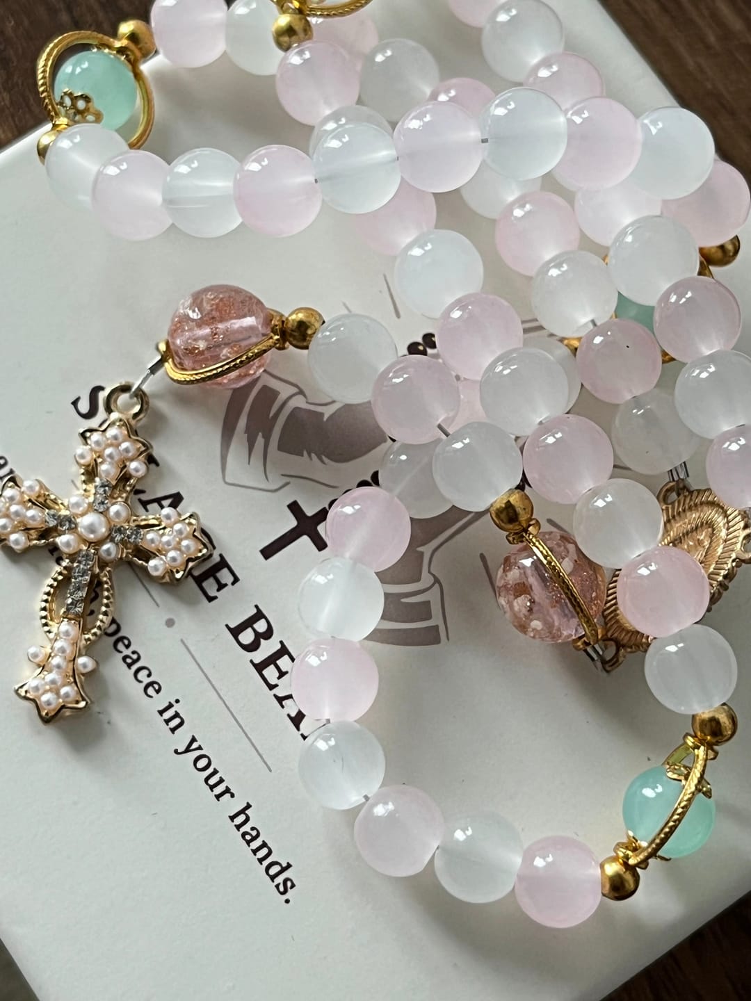 Customer photo review of SolaceBeads Artistic Pink & White Beaded Rosary: A Fusion of Colors & Sacred Symbols