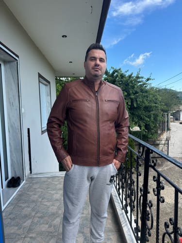Customer photo: Cognac Brown Biker Jacket, worn by Chilmi N.