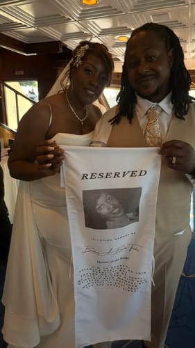 Customer photo review of In Loving Memory From Heaven - Personalized Memorial Wedding Chair Sign Banner Reserved for Loved Ones