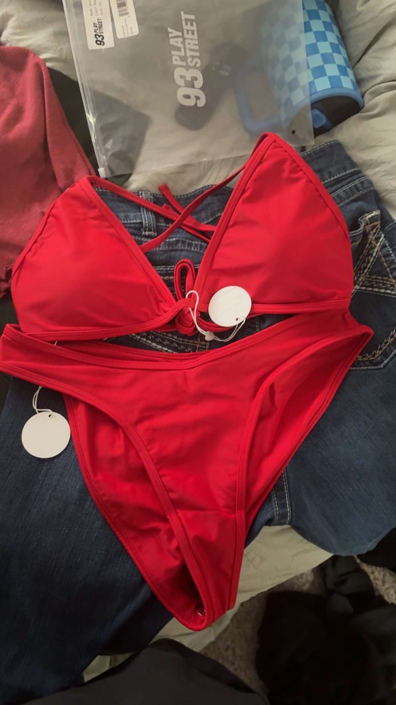 Customer photo review of LILY Scarlet Red Minimal Triangle Top