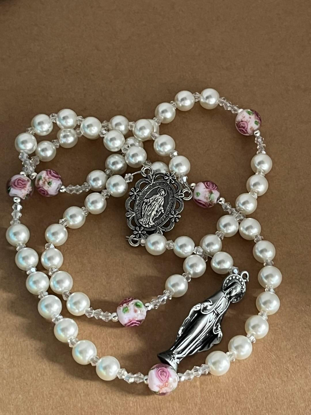 Customer photo review of SolaceBeads Pearl Chaplet With Lampwork Accents & Marian Charm: Devout Spirit