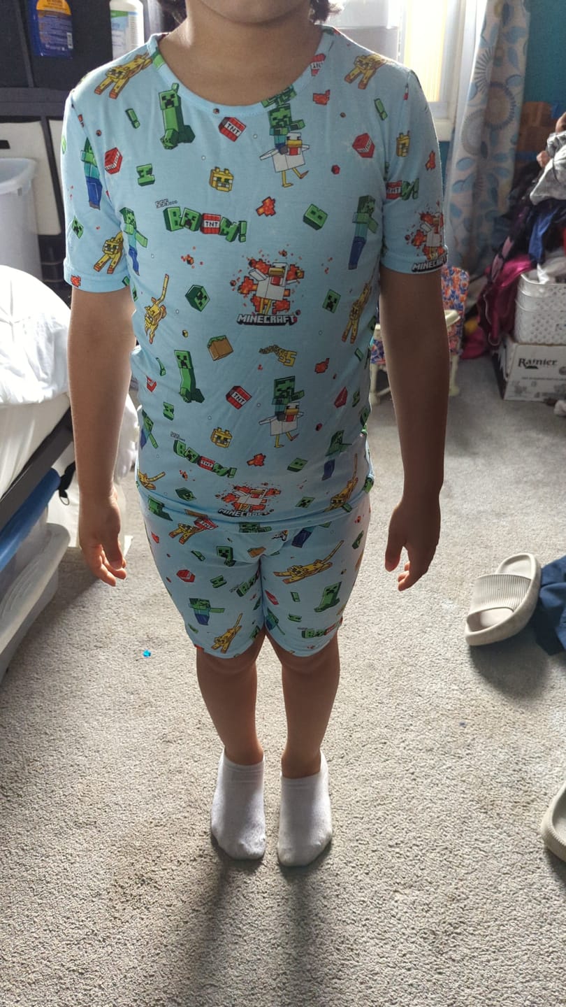 Customer photo review of Minecraft: Chicken Jockey Bamboo Kids Pajama Short Set