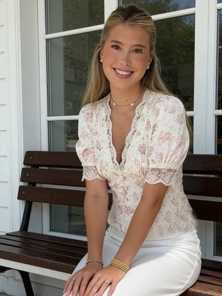 Customer photo review of Geraldine Plus Size Floral Satin Blouse